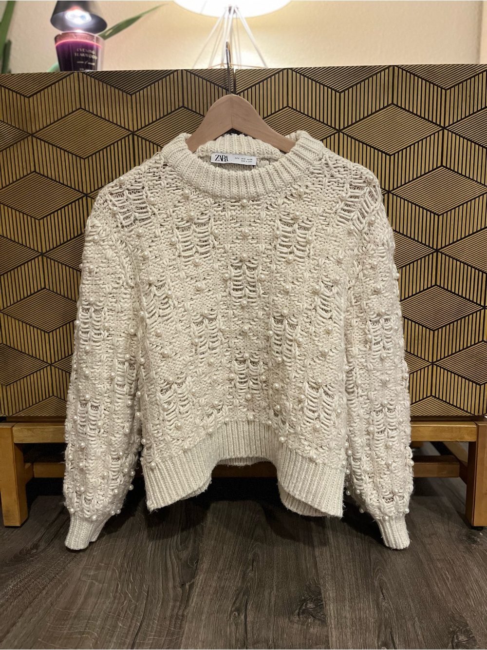Zara Cream Chunky Pearls Knit Sweater